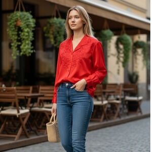 Vintage Rose Brand Red Hand Embroidered Satin Blouse Button Down Top Size 42